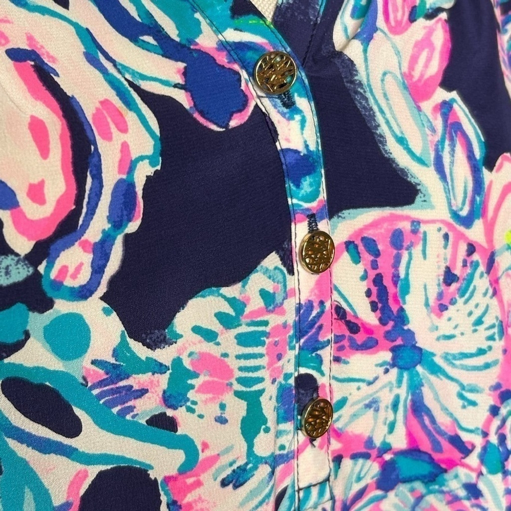 Lilly Pulitzer Elsa 100% Silk Smocked Bright Navy Caught Up Blouse Size XS - Picture 9 of 14